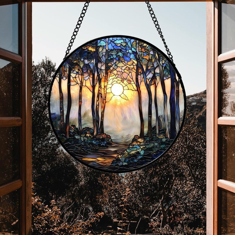 DASTOLL Stained Glass Window Hanging, Forest Sunrise Smoke Blue Brown Tree Suncatcher for Doors Window Home Landscape Sun Catchers Decor Mother's Day Birthday Gifts for Women, Men Mom 7.8 in - Image 3