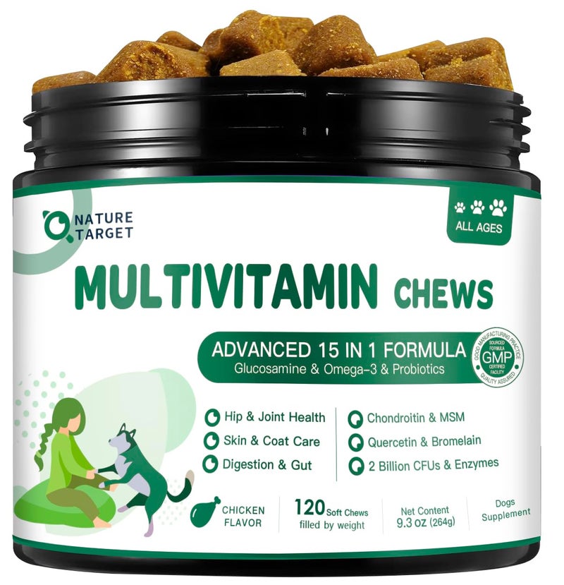 NATURE TARGET Multivitamin for Dogs - with MSM & Glucosamine, Omegas 3 & 6, Probiotics for Digestive Health, Joint Support, Skin & Coat, Immune System & Overall Health 120 Soft Chews - Image 1
