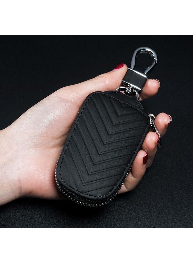 KeyZone Unisex Chevron Pattern Leather Car Key Holder Pouch Bag, Keychain Case Wallet With Zipper Closure (Black) - Image 1