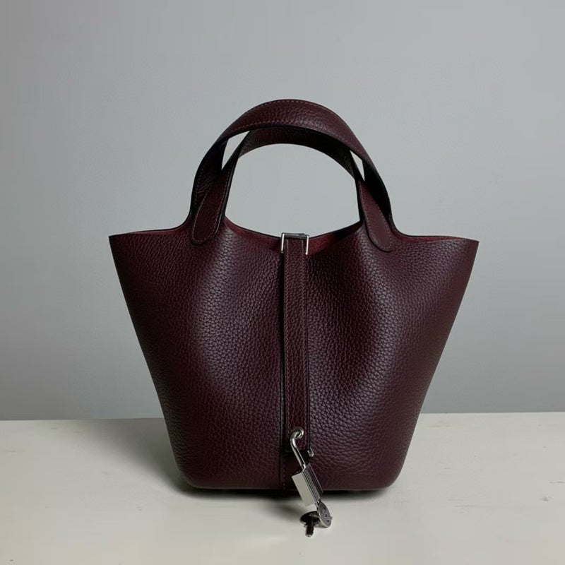 18cm Wax Line Hand Sewed TC Top Layer Cowhide Vegetable Basket Bag Bucket Bag Genuine Leather Womens Bag Handbag Saddle red 