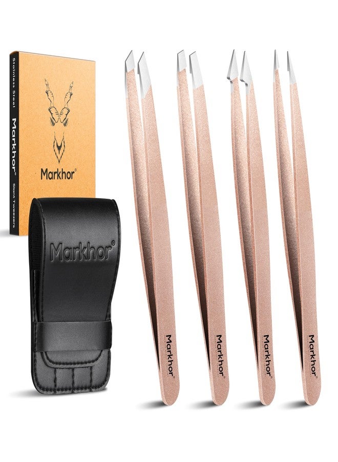 MARKHOR® Luxe Rose Gold Eyebrow Tweezers for Women Facial Hair, Splinter and Ingrown Hair Removal Tweezers Set, Professional Pointed and Slant Tweezers for Eyebrows, Precision Tweezers for Eyebrows - Image 1