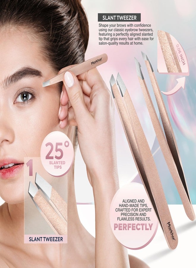 MARKHOR® Luxe Rose Gold Eyebrow Tweezers for Women Facial Hair, Splinter and Ingrown Hair Removal Tweezers Set, Professional Pointed and Slant Tweezers for Eyebrows, Precision Tweezers for Eyebrows - Image 3