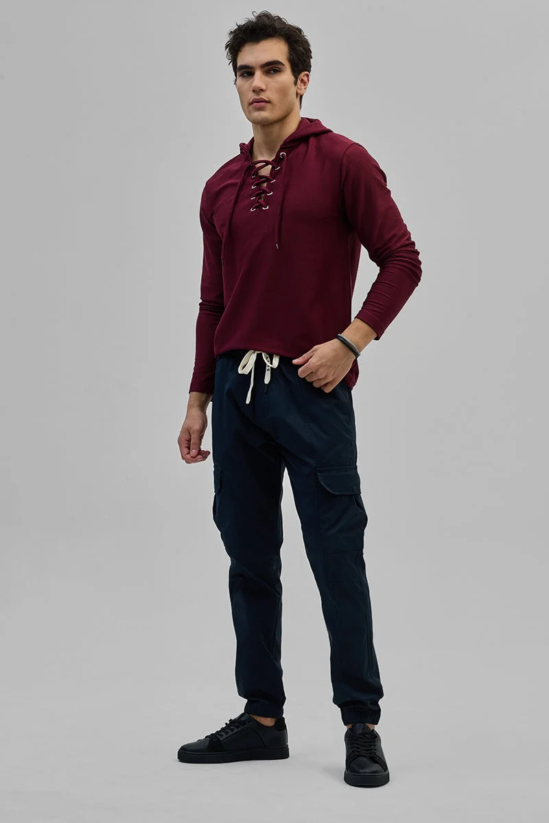 SNITCH Maroon Lace-Up Textured Hoodie