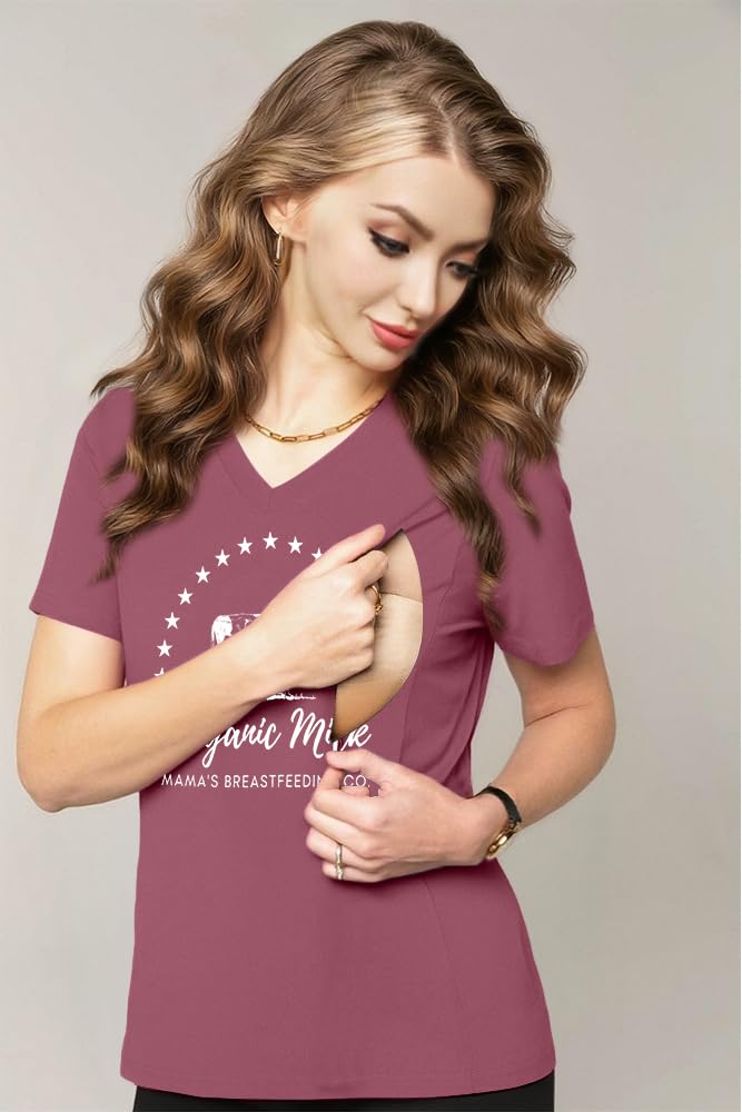 LUKYCILD Nursing Shirts for Breastfeeding Women Zipper Nursing Maternity Graphic Tee Mama Breast Feeding V Neck Tops Pink - Image 5