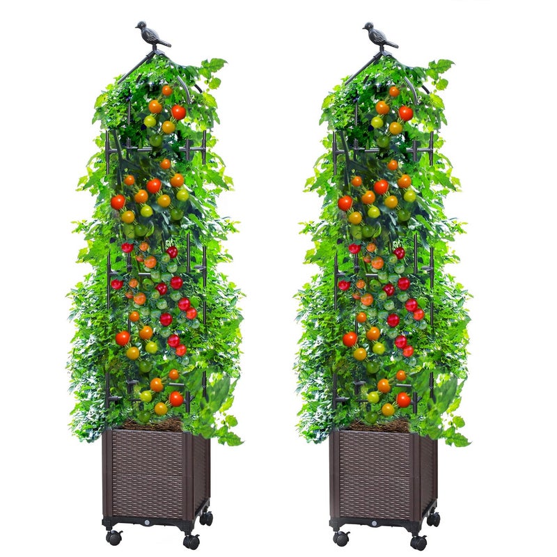 Sunnyglade 2 PCS Raised Garden Bed Planter Box with Trellis 63 Tall Outdoor Tomato Planters for Climbing Vegetables Flowers Vine Plants Tomato Cage with Wheels 2