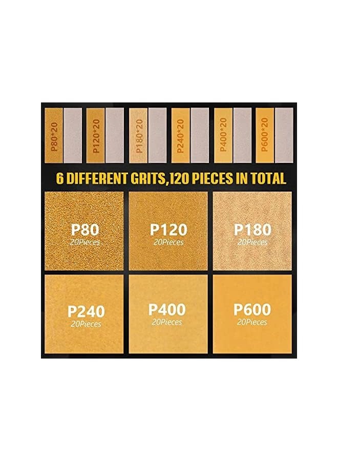 بروماس مجموعة أدوات الصنفرة الصغيرة مقاس 3.5 × 1 بوصة للمشروعات الصغيرة، أدوات الصنفرة ذات المقبض التفصيلي، 120 ورقة من ورق الصنفرة الخشبي P80، P120، P180، P240، P400، P600، تلميع الحرف اليدوية بنفسك - Image 4