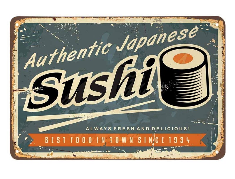 AOYEGO Sushi Tin Sign,Scratch Food Delicious Japanese Fresh Rice Roll Snack Restaurant Vintage Metal Tin Signs for Cafes Bars Pubs Shop Wall Decorative Funny Retro Signs for Men Women 8x12 Inch - Image 1