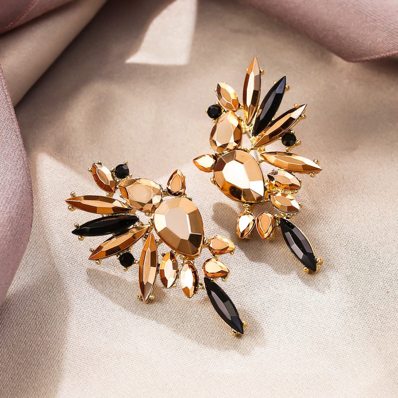 EVER FAITH Crystal Fashion Statement Stud Earrings, Art Deco Marquise Teardrop Cluster Bling Costume Prom Dangle Earrings for Women Champagne w/Black - Image 4