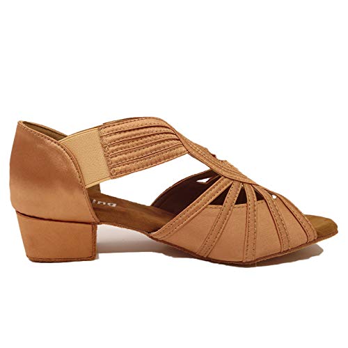 YYTing Low Heel Women Ballroom Dance Shoes Salsa Batchata Social Beginner Practice Wedding Dancing 1.5'' Heels YT04(9, Tan) - Image 5