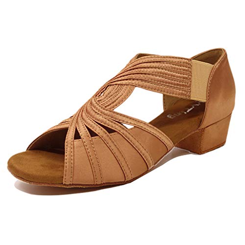 YYTing Low Heel Women Ballroom Dance Shoes Salsa Batchata Social Beginner Practice Wedding Dancing 1.5'' Heels YT04(9, Tan) - Image 1