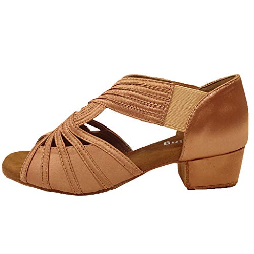 YYTing Low Heel Women Ballroom Dance Shoes Salsa Batchata Social Beginner Practice Wedding Dancing 1.5'' Heels YT04(9, Tan) - Image 2