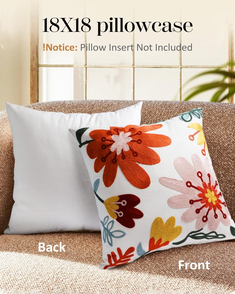 Kokaaee Embroidered Throw Pillow Cover - 18x18 Decorative Pillow Cover with Zipper Aesthetic Cute Design Boho Spring Summer Cozy Throw Pillowcase for Living Room Couch Sofa Bed, Artistic Flowers - Image 4