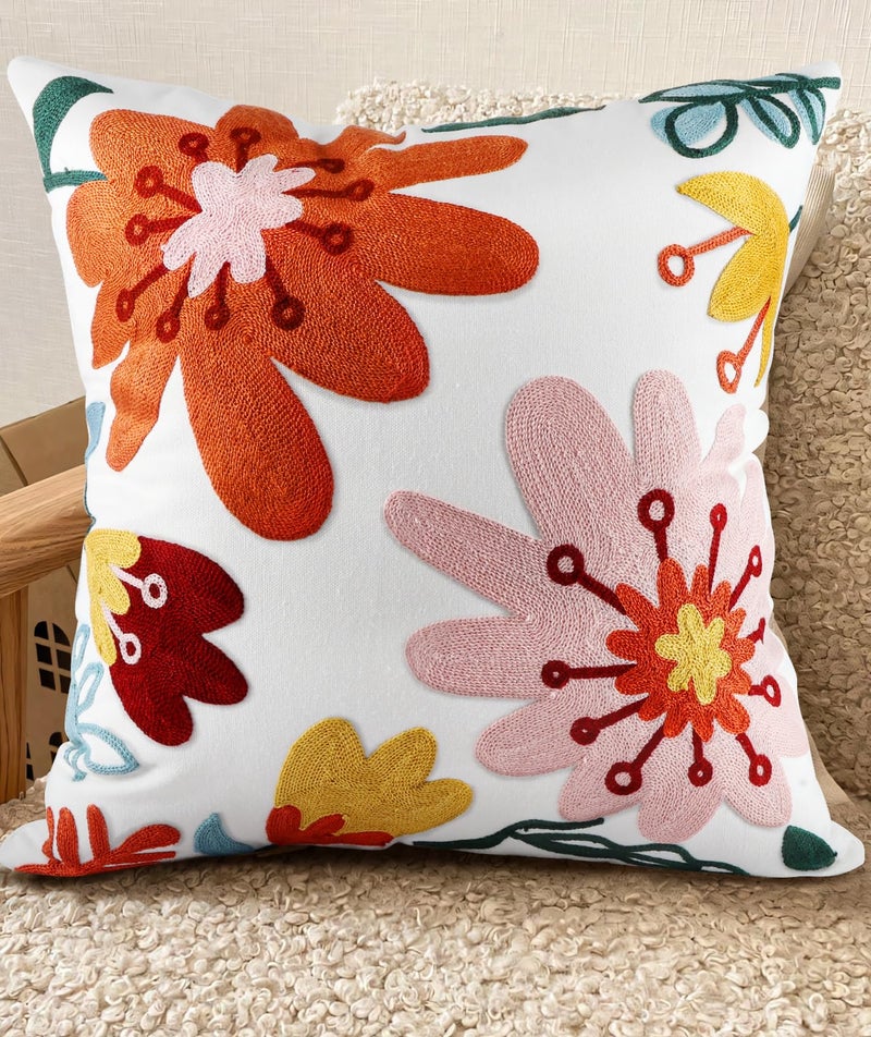 Kokaaee Embroidered Throw Pillow Cover - 18x18 Decorative Pillow Cover with Zipper Aesthetic Cute Design Boho Spring Summer Cozy Throw Pillowcase for Living Room Couch Sofa Bed, Artistic Flowers - Image 1