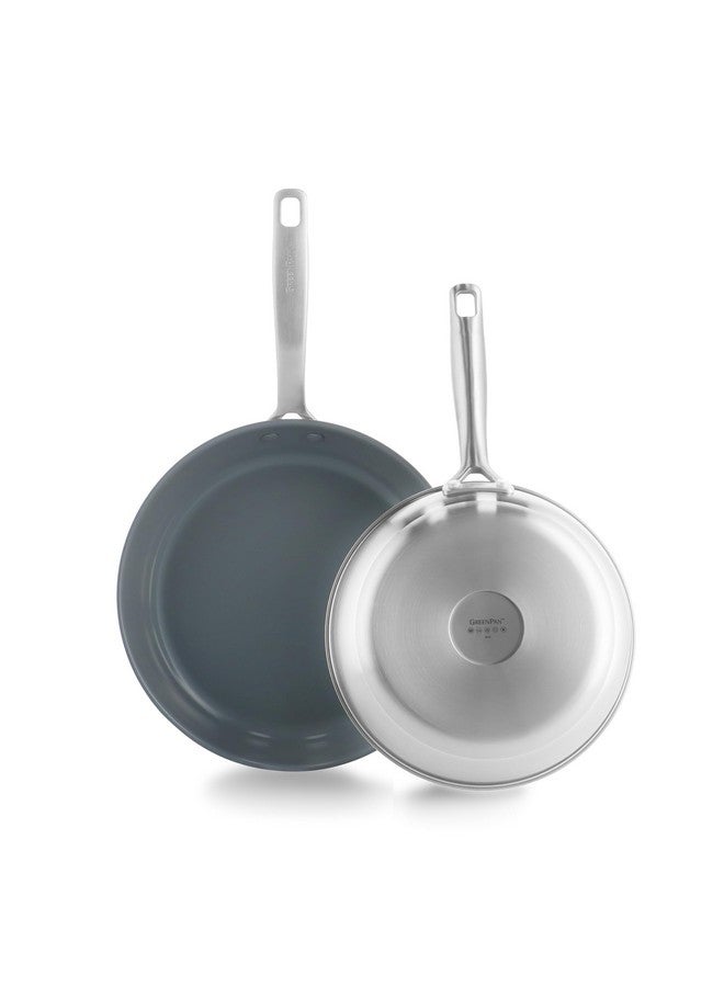 GreenPan Treviso 9.5” and 11” Frying Pan skillet Set, Non-Toxic PFAS-Free Stainless Steel Ceramic Nonstick Coating, Induction Suitable, Multi Clad, Pouring Rims, Dishwasher & Oven Safe to 600° - Image 1