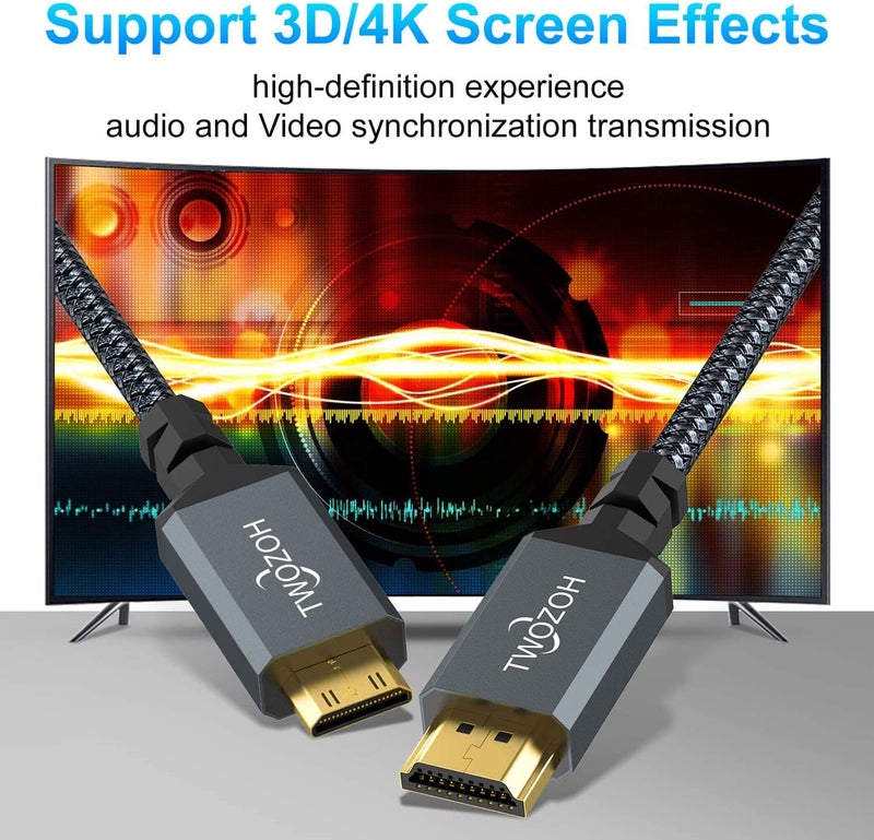Twozoh Mini HDMI to HDMI Cable 2M, 4K 60Hz High Speed HDMI to Mini HDMI 2.0 Braided Lead - Image 5