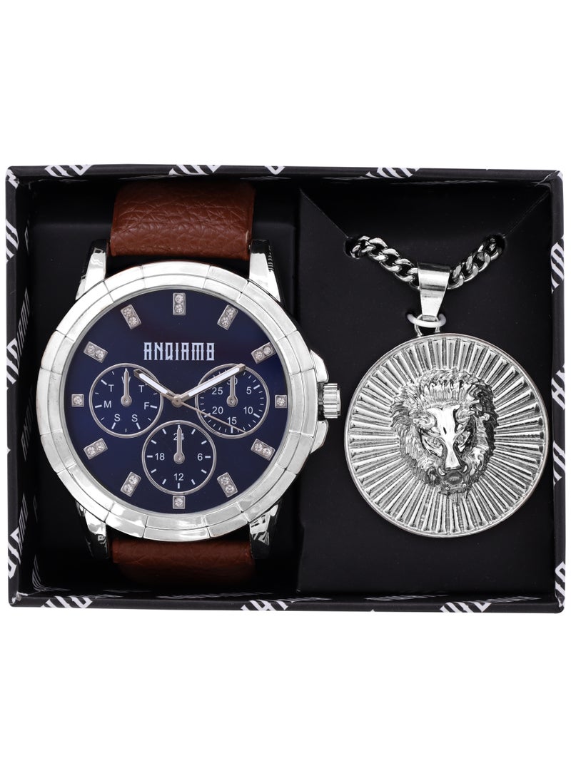 ANDIAMO Men's Analog Silver Case Blue Dial Brown Strap Set Watch 