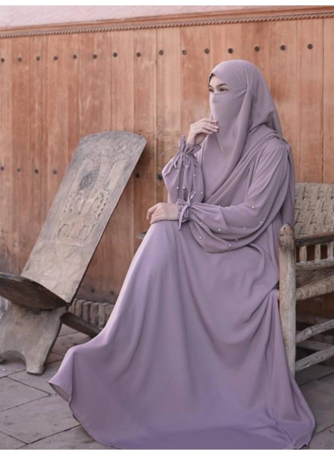 سلسلة اللؤلؤ: الشرق الأوسط اللون الصلب للنساء رداء اللؤلؤ الأكمام فستان Abaya قطعتين مجموعة الحجاب الطويل مناسبة جدا للنساء يوميا ارتداء الصيام شهر الصلاة - Image 3