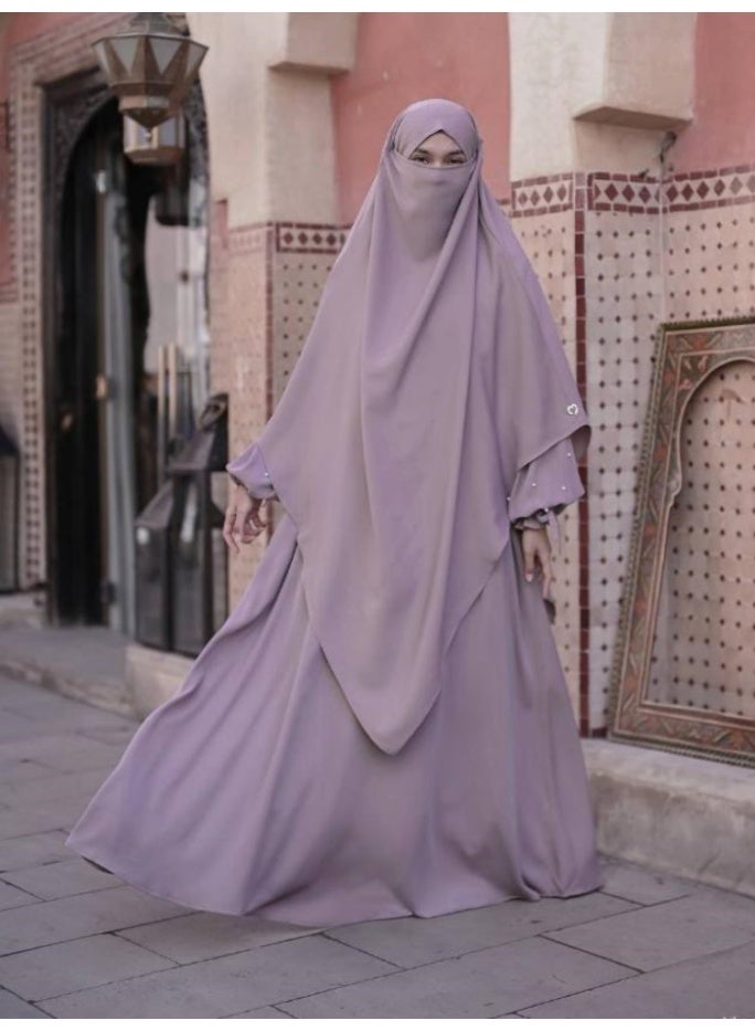 سلسلة اللؤلؤ: الشرق الأوسط اللون الصلب للنساء رداء اللؤلؤ الأكمام فستان Abaya قطعتين مجموعة الحجاب الطويل مناسبة جدا للنساء يوميا ارتداء الصيام شهر الصلاة - Image 1