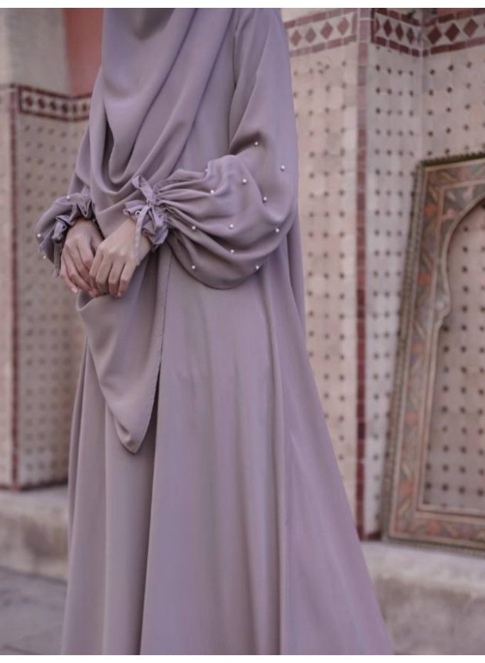 سلسلة اللؤلؤ: الشرق الأوسط اللون الصلب للنساء رداء اللؤلؤ الأكمام فستان Abaya قطعتين مجموعة الحجاب الطويل مناسبة جدا للنساء يوميا ارتداء الصيام شهر الصلاة - Image 2