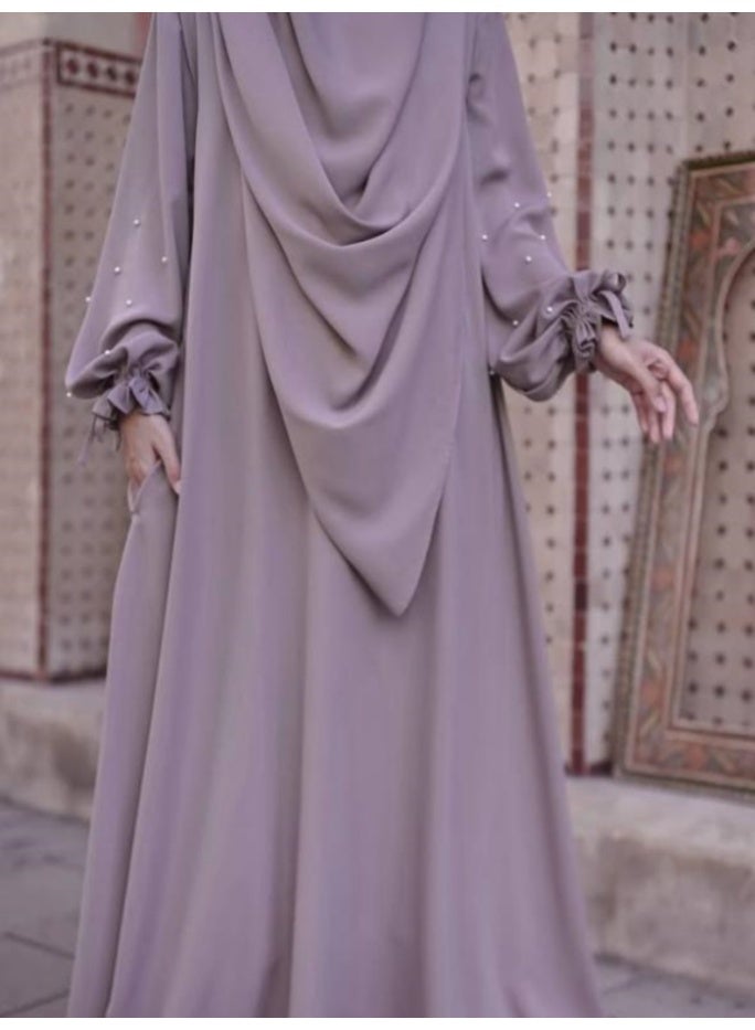 سلسلة اللؤلؤ: الشرق الأوسط اللون الصلب للنساء رداء اللؤلؤ الأكمام فستان Abaya قطعتين مجموعة الحجاب الطويل مناسبة جدا للنساء يوميا ارتداء الصيام شهر الصلاة - Image 5