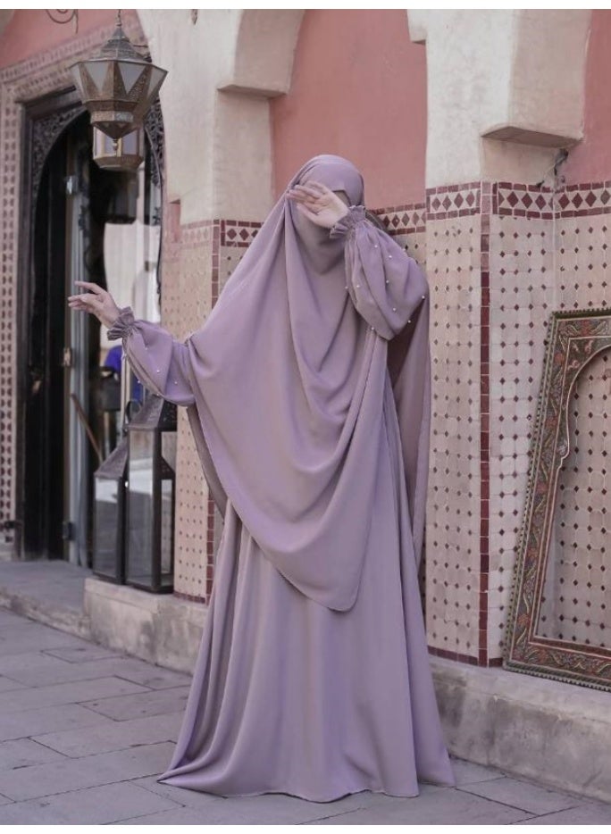 سلسلة اللؤلؤ: الشرق الأوسط اللون الصلب للنساء رداء اللؤلؤ الأكمام فستان Abaya قطعتين مجموعة الحجاب الطويل مناسبة جدا للنساء يوميا ارتداء الصيام شهر الصلاة - Image 4