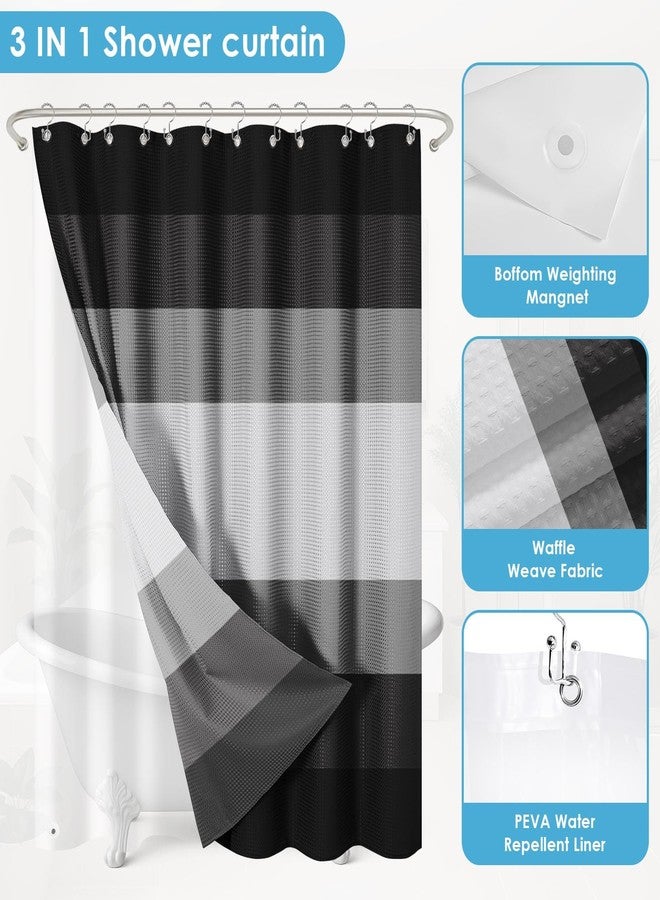 Nesphy Shower Curtain and Liner, Grey and Black White Striped 3 in 1 Shower Curtain and PEVA Liner Set with 12 Rust-Resistant Metal Hooks, Waterproof Fabric Shower Curtains for Bathroom, 72 W x 72 H - Image 5