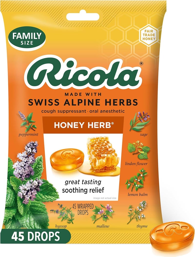 Ricola Honey Herb Cough Drops 45 Count Fair Trade Honey  Natural Menthol Cough Suppressant  Throat Relieving Drops Great Tasting Relief for Coughs  Throat Irritation Symptoms - Image 1
