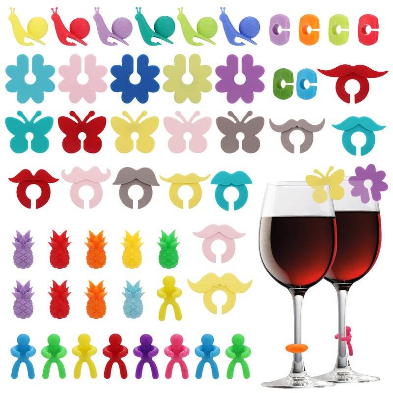 Hejo 52PCS Wine Glass Charms Silicone Wine Glass Markers Reusable Party Reception Glass Identifiers Wine Accessories Mark Ideal for Daily And Party
