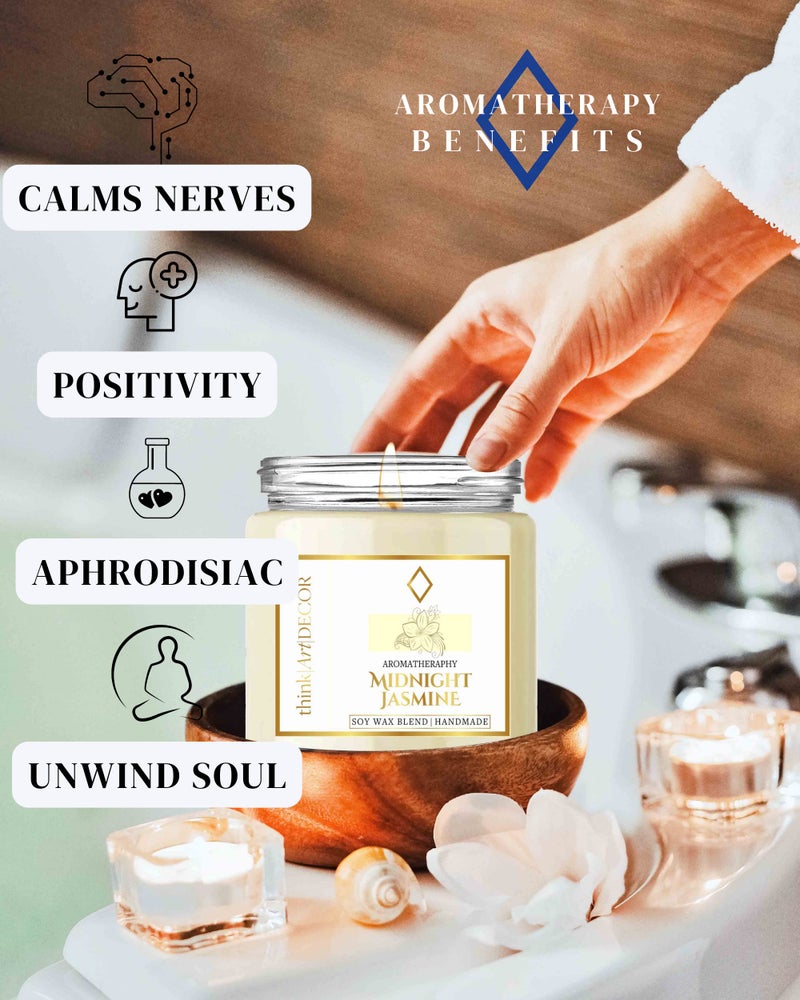 ThinkArtDecor Soy Wax Scented Candles for Home Decoration, Burn Time 35-40 Hrs, Luxury Fragrance Candles for Gifting, Aesthetic Glass Jar Aroma Therapy Candle (Midnight Jasmine) - Image 2