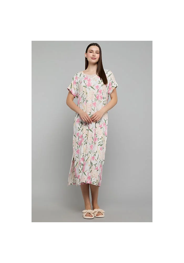 أر أند بي Floral Print Nightdress with V-Neck and Short Sleeves
