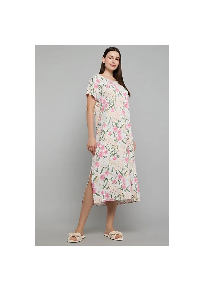 أر أند بي Floral Print Nightdress with V-Neck and Short Sleeves