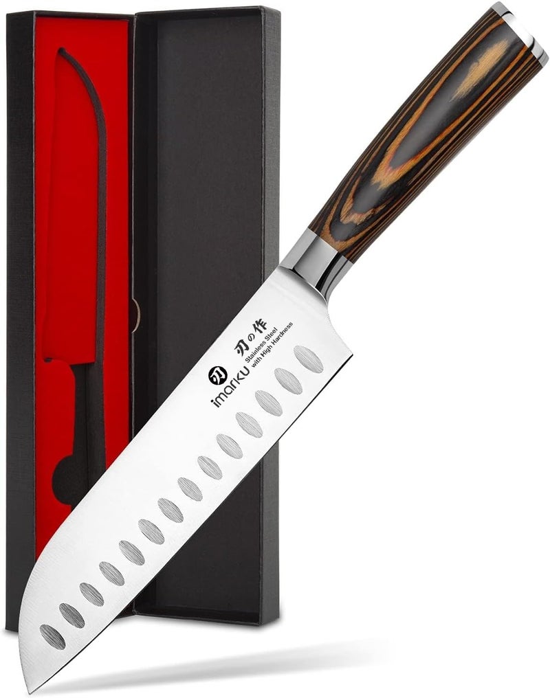 imarku Santoku Knife, 7 inch Kitchen Knife Ultra Sharp Cooking Knife Japanese Chef Knife -High Carbon Stainless Steel - Ergonomic Pakkawood Handle, Gifts for Women/Men, Orange - Image 1