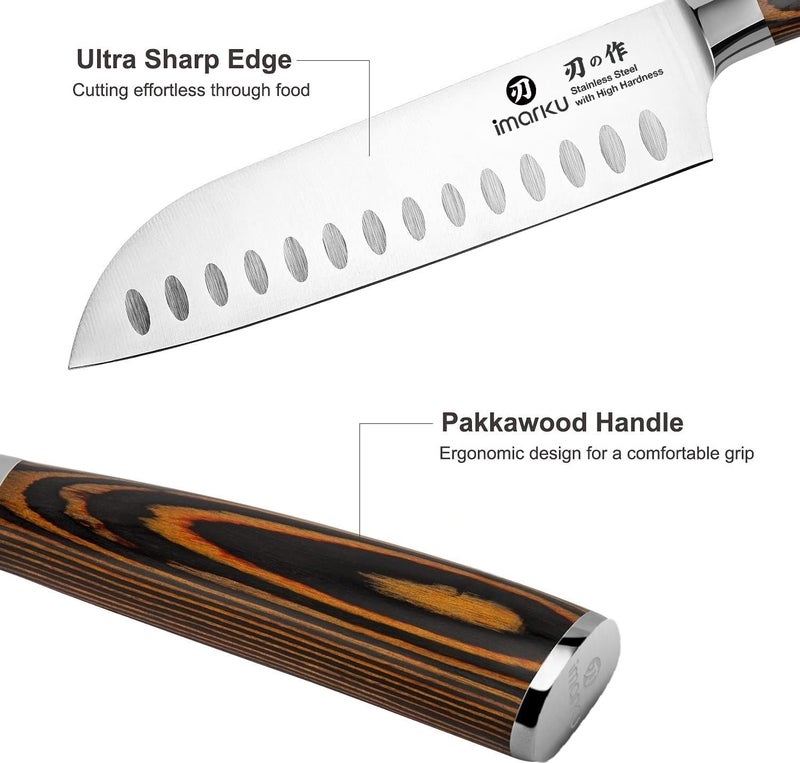 imarku Santoku Knife, 7 inch Kitchen Knife Ultra Sharp Cooking Knife Japanese Chef Knife -High Carbon Stainless Steel - Ergonomic Pakkawood Handle, Gifts for Women/Men, Orange - Image 3