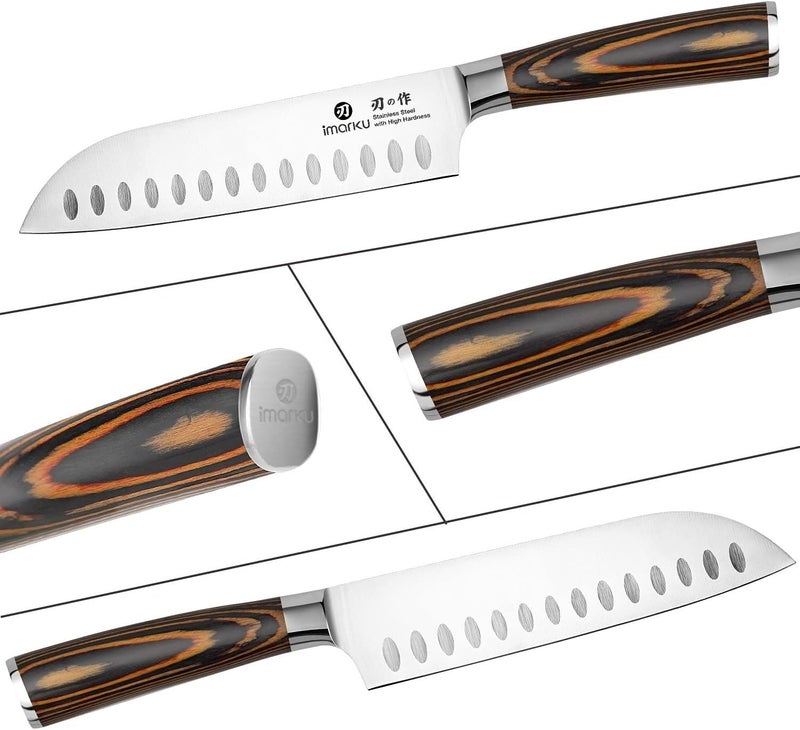 imarku Santoku Knife, 7 inch Kitchen Knife Ultra Sharp Cooking Knife Japanese Chef Knife -High Carbon Stainless Steel - Ergonomic Pakkawood Handle, Gifts for Women/Men, Orange - Image 4