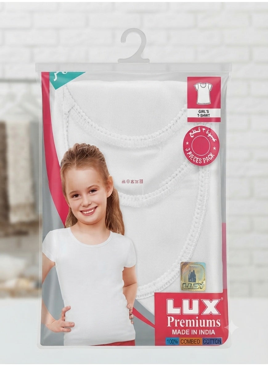 LUX Premiums Girls T-Shirt 3-Pack, 1-2 years Pure Combed Cotton Short Sleeve Crewneck Tees, Soft Basic Tops for Kids