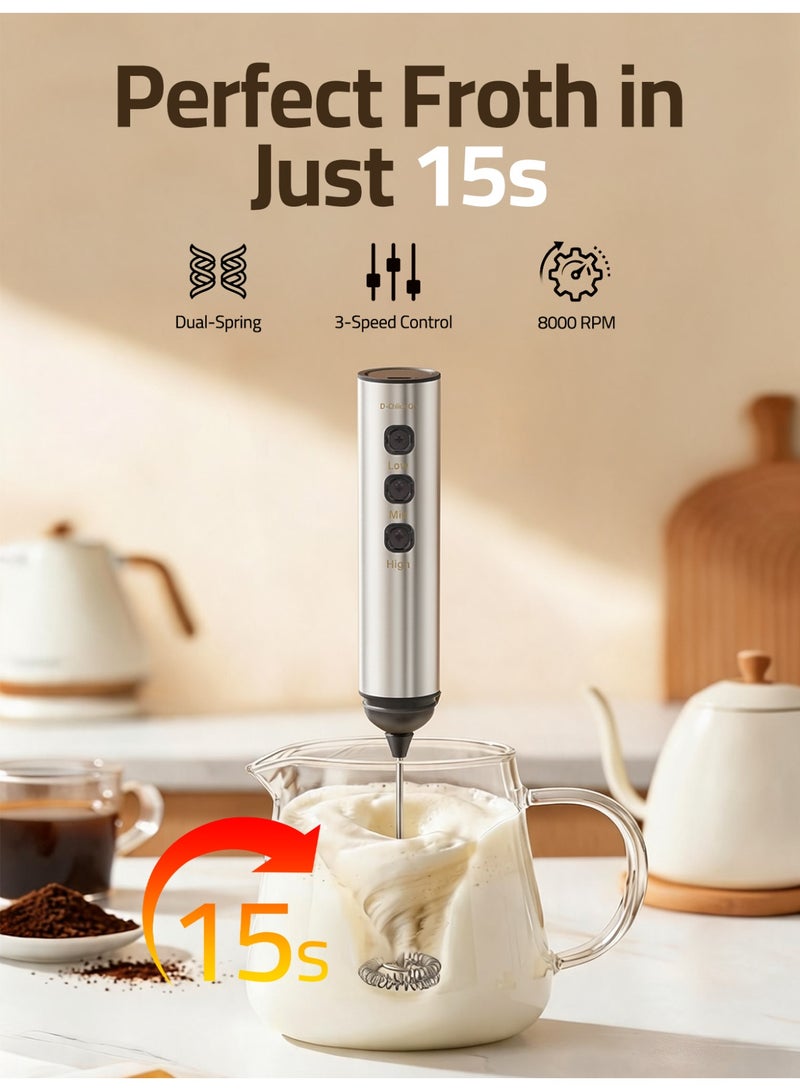 Brutelle Electric Handheld Milk Frother, 3-Speed 8000 RPM Electric Coffee Foamer with Dual Spring Whisk, 304 Stainless Steel, 1200mAh Battery, USB-C Portable Foam Maker for Latte Cappuccino Hot Chocolate - Image 3