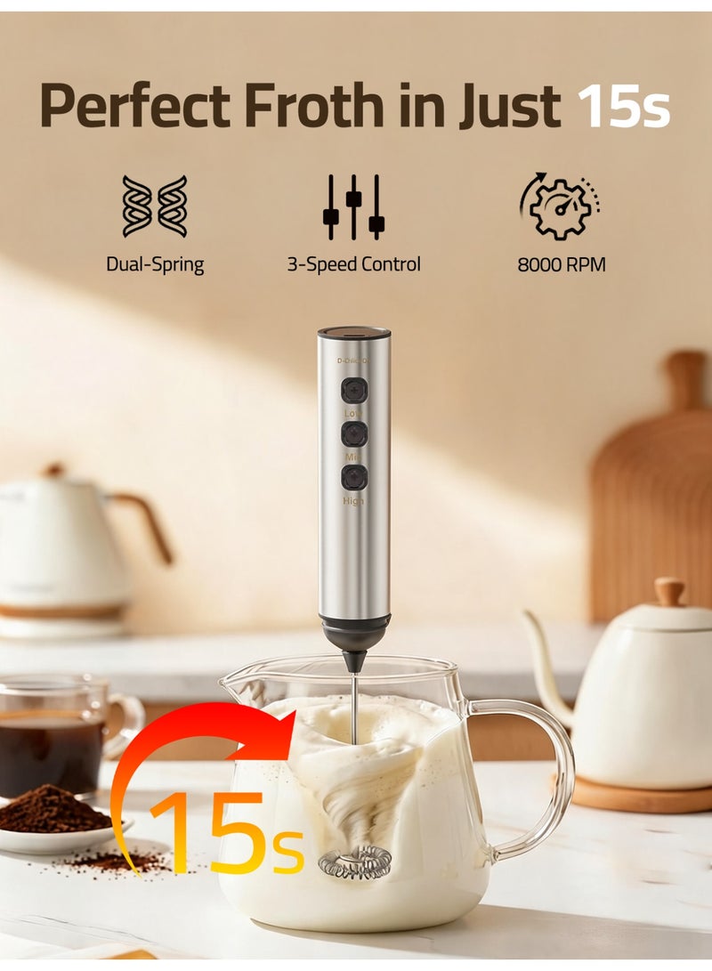 Brutelle Electric Handheld Milk Frother, 3-Speed 8000 RPM Electric Coffee Foamer with Dual Spring Whisk, 304 Stainless Steel, 1200mAh Battery, USB-C Portable Foam Maker for Latte Cappuccino Hot Chocolate - Image 2