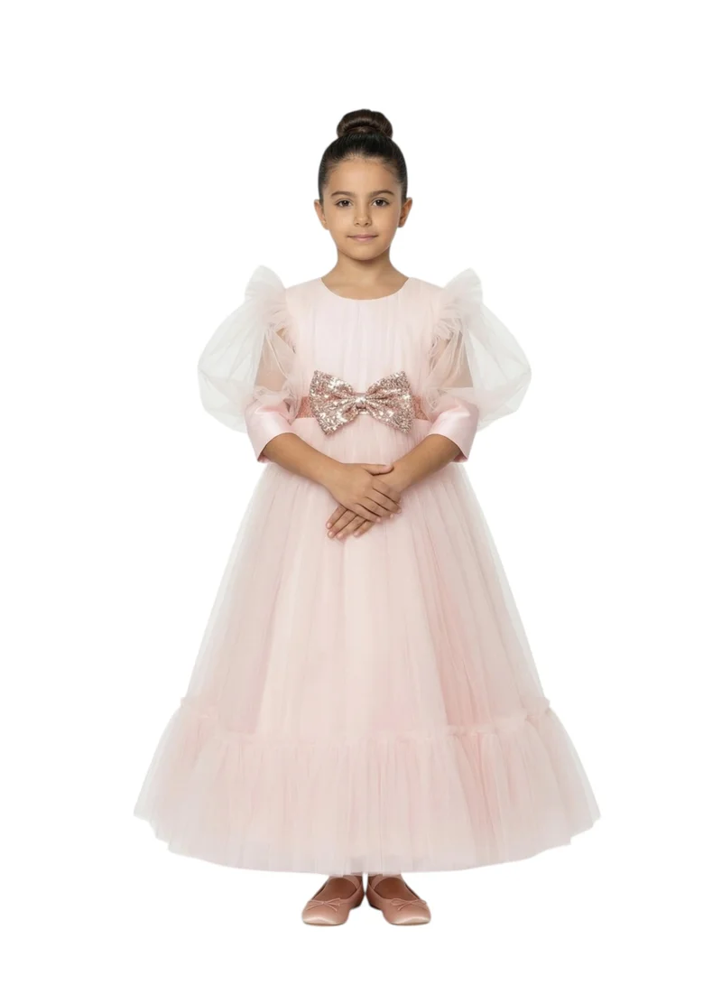 بيداني Blush Pink Puff Sleeve Formal Dress with Glitter Bow