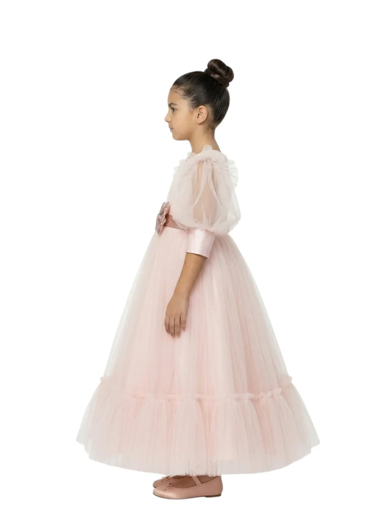 بيداني Blush Pink Puff Sleeve Formal Dress with Glitter Bow