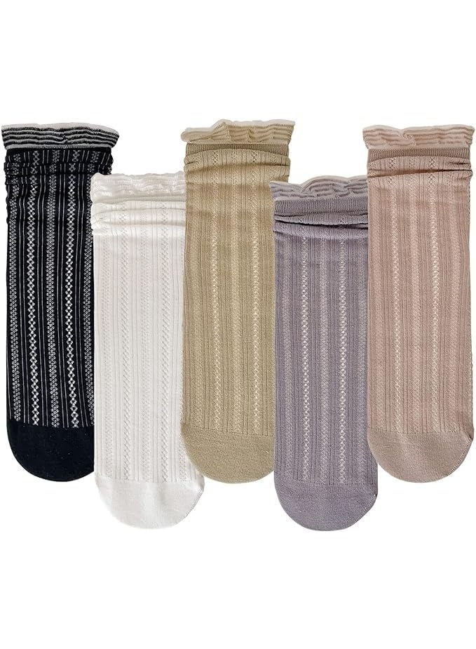 المرأة لطيف لفة أعلى الكاحل الجوارب، التنفس شبكة الصيف رقيقة عارضة الأسلوب الأساسي الجوارب 5 أزواج، المرأة فستان الجوارب - Image 1