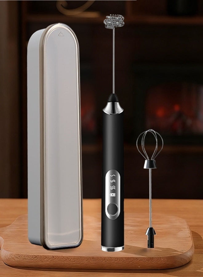 DOLOLO Handheld Electric Milk Frother with 2 Heads, Rechargeable Coffee Whisk Foam Mixer, Foam Maker Blender for Latte, Cappuccino, Hot Chocolate, Egg (Black with Box) - Image 1
