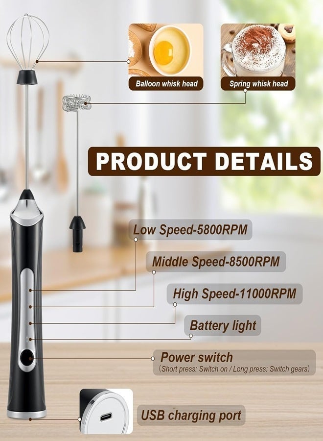 DOLOLO Handheld Electric Milk Frother with 2 Heads, Rechargeable Coffee Whisk Foam Mixer, Foam Maker Blender for Latte, Cappuccino, Hot Chocolate, Egg (Black with Box) - Image 5