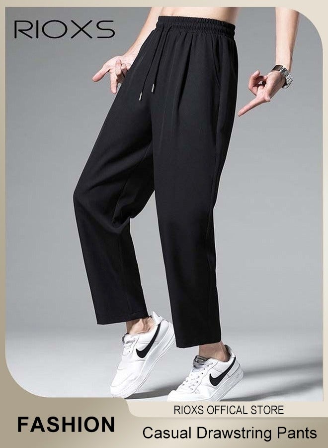 RIOXS Men's Ice Silk Sweatpants, Breathable Skin-friendly Quick Dry Running Pants with 2 Pockets, Lightweight Stright Leg Stretch Trousers, Summer Casual Elastic Waist Drawstring Pants, Comfortable for Daily Wear, Casual, Travel, Workout, Hiking and More, Black - Image 2