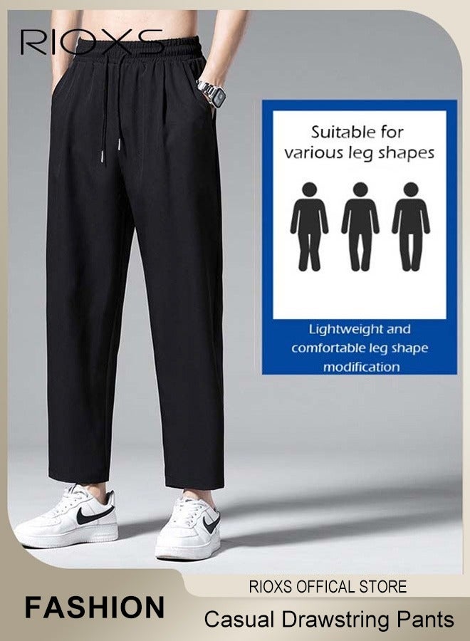 RIOXS Men's Ice Silk Sweatpants, Breathable Skin-friendly Quick Dry Running Pants with 2 Pockets, Lightweight Stright Leg Stretch Trousers, Summer Casual Elastic Waist Drawstring Pants, Comfortable for Daily Wear, Casual, Travel, Workout, Hiking and More, Black - Image 4