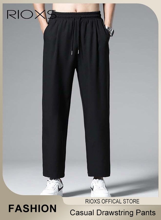 RIOXS Men's Ice Silk Sweatpants, Breathable Skin-friendly Quick Dry Running Pants with 2 Pockets, Lightweight Stright Leg Stretch Trousers, Summer Casual Elastic Waist Drawstring Pants, Comfortable for Daily Wear, Casual, Travel, Workout, Hiking and More, Black - Image 1