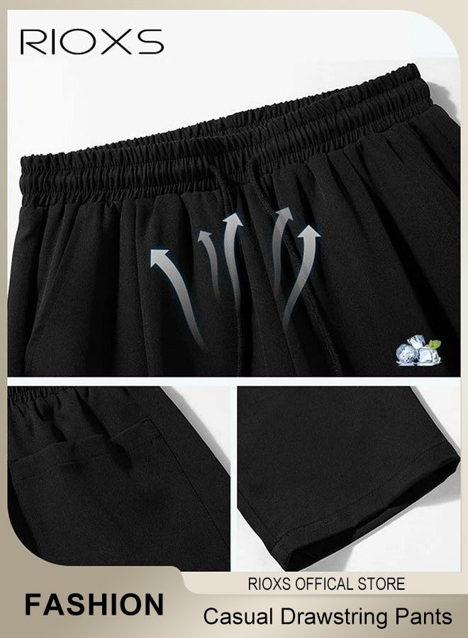 RIOXS Men's Ice Silk Sweatpants, Breathable Skin-friendly Quick Dry Running Pants with 2 Pockets, Lightweight Stright Leg Stretch Trousers, Summer Casual Elastic Waist Drawstring Pants, Comfortable for Daily Wear, Casual, Travel, Workout, Hiking and More, Black - Image 5