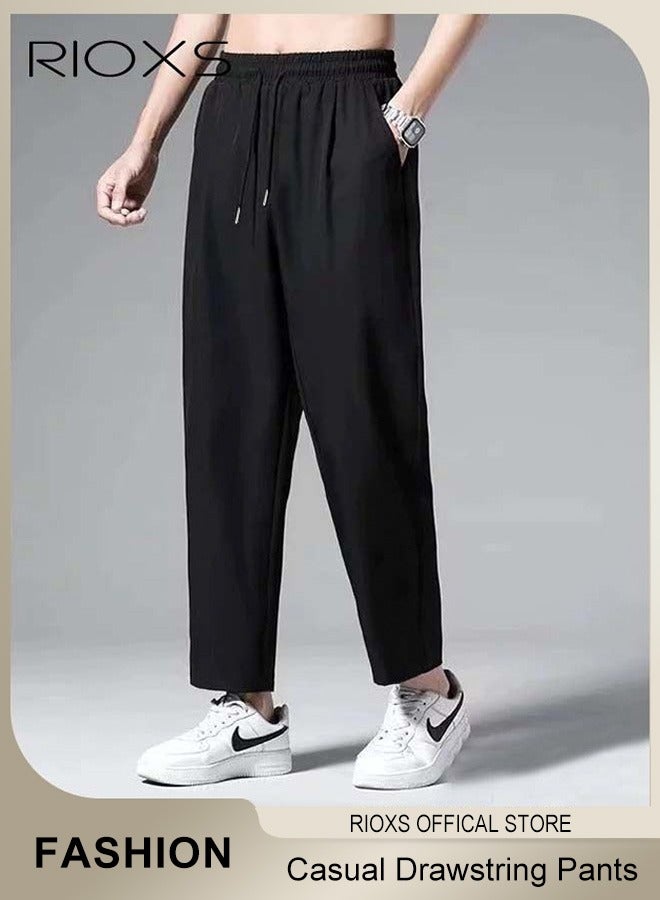 RIOXS Men's Ice Silk Sweatpants, Breathable Skin-friendly Quick Dry Running Pants with 2 Pockets, Lightweight Stright Leg Stretch Trousers, Summer Casual Elastic Waist Drawstring Pants, Comfortable for Daily Wear, Casual, Travel, Workout, Hiking and More, Black - Image 3