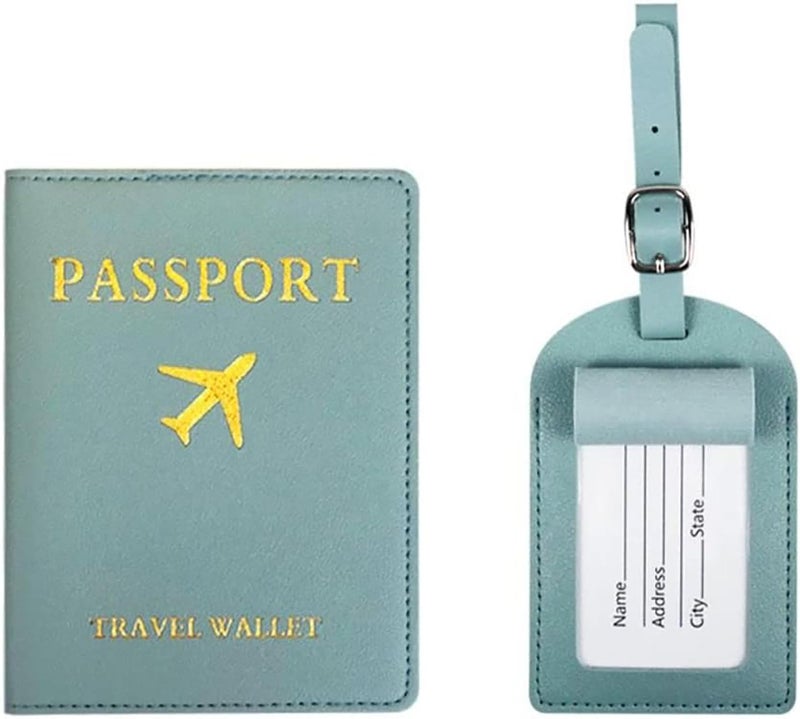 House of Quirk Luggage Tag and Passport Protector Set, Plane Pouch Passport Suitcase Identification Leather Tag Luggage Tags for Children School Bag (Light Green) - Image 1