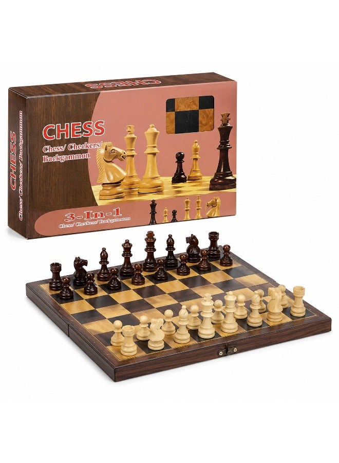 3-in-1 Wooden Board Game Set – Chess, Checkers & Backgammon Folding Tabletop Strategy Game for Kids & Adults, Portable Travel Family Game Set
