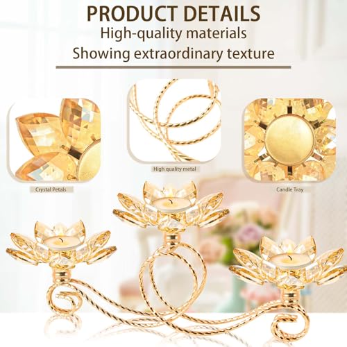 kehail 2Pcs Gold Kehail Crystal Metal Tea Light Candle Holder Set, 3-Arm Flower Shaped Crystal Votive Candlestick Holders for Table Centerpiece, Wedding Shower, Party and Home Decor - Image 2